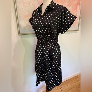 French Connection Dolman Sleeve Midi Dress Black with White Polkadots
